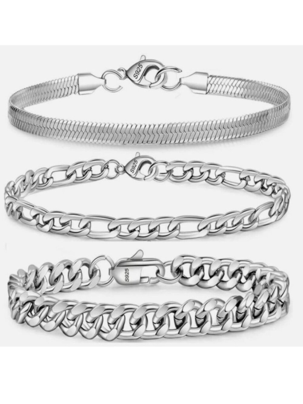 APSVO 3 Pcs Sterling Silver Bracelets Curb Herringbone Figaro Men or Women 8.3in